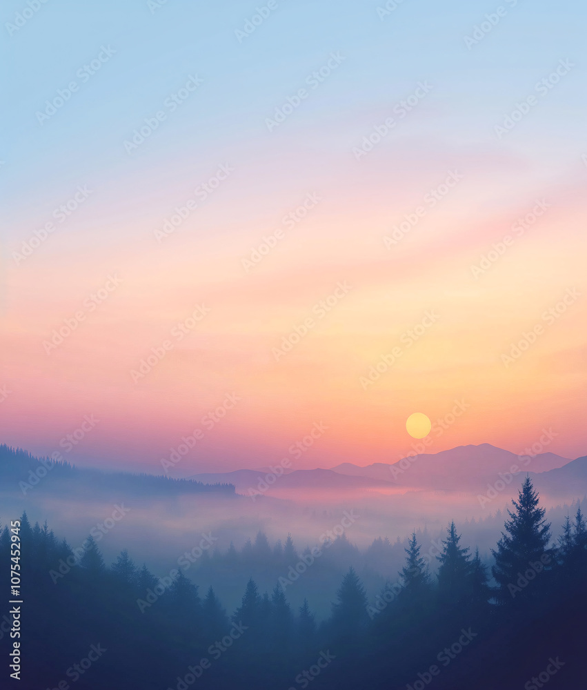 Obraz premium morning landscape of forest in fog with copy space for text