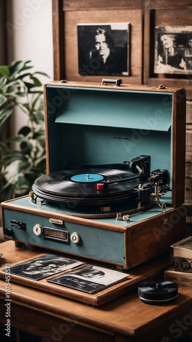 Vintage record player with vinyl records in cozy retro interior
 photo