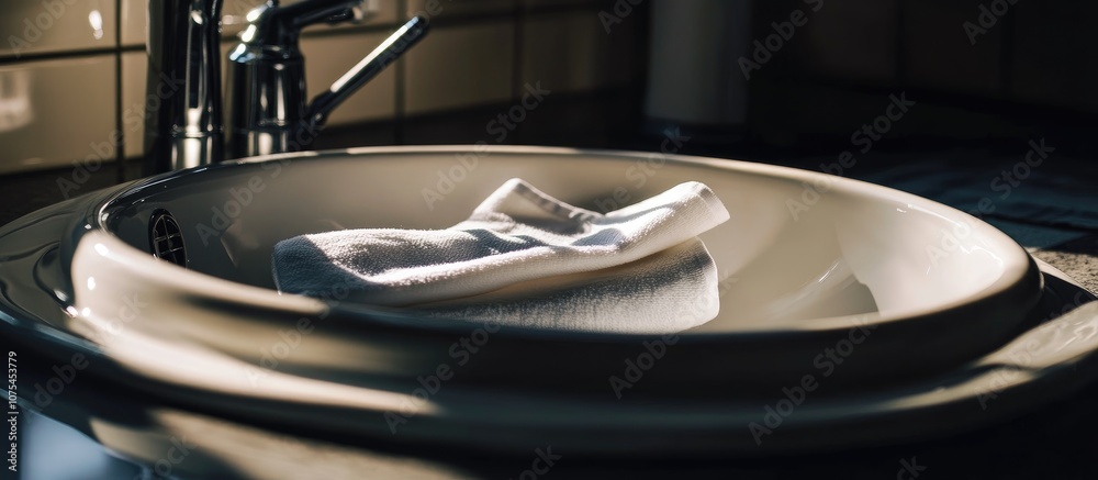 Ceramic kitchen sink featuring a neatly arranged napkin emphasizing modern interior design Ceramic kitchen sink featuring a neatly arranged napkin emphasizing modern interior design