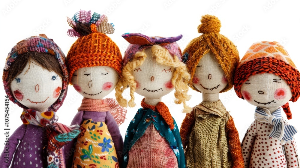 Charming Handmade Fabric Dolls with Colorful Clothes and Knitted Hats on White Background Charming Handmade Fabric Dolls with Colorful Clothes and Knitted Hats on White Background
