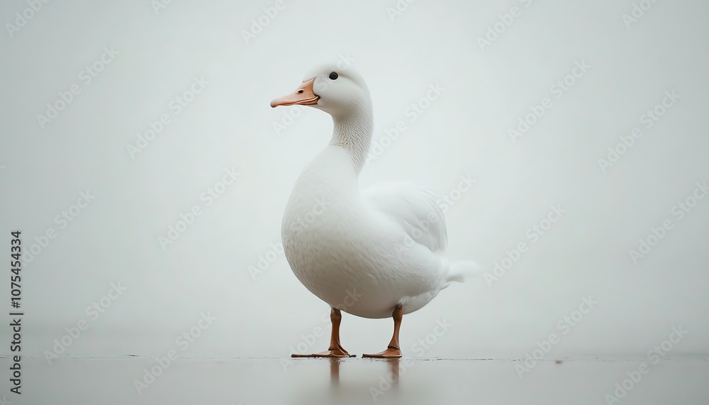 White duck standing gracefully, minimalistic white background White duck standing gracefully, minimalistic white background