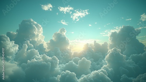 A serene view of fluffy clouds illuminated by soft sunlight in a blue sky.