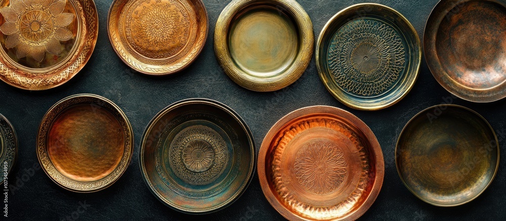 Collection of intricate brass and copper dishes arranged on a dark backdrop showcasing vintage craftsmanship and unique design Collection of intricate brass and copper dishes arranged on a dark backdrop showcasing vintage craftsmanship and unique design