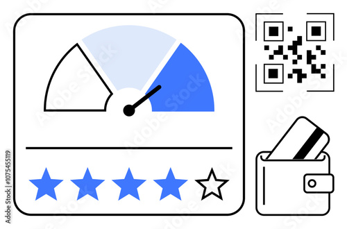 Rating gauge reaching near maximum level, QR code, five stars with one unlit, credit card and wallet. Ideal for customer satisfaction, reviews, finance, digital payments, marketing user feedback