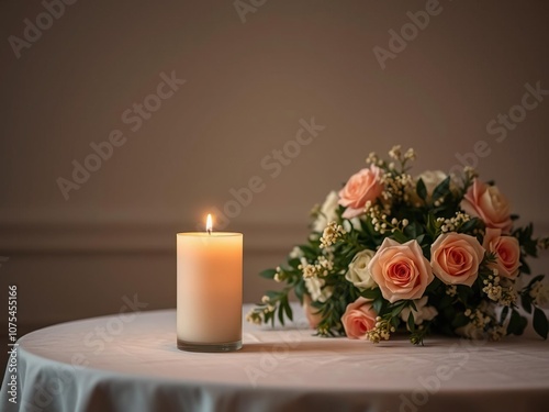 Soft candlelight on a table with a floral arrangement, vibrance, candlelight, scent