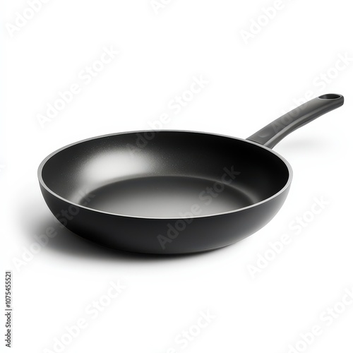 black non-stick frying pan with a smooth, shiny surface and a long handle on a white background. Its sleek design and practicality are highlighted, making it an essential kitchen tool.