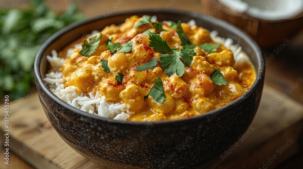A delicious bowl of spiced chickpeas served over fluffy white rice garnished with herbs A delicious bowl of spiced chickpeas served over fluffy white rice garnished with herbs