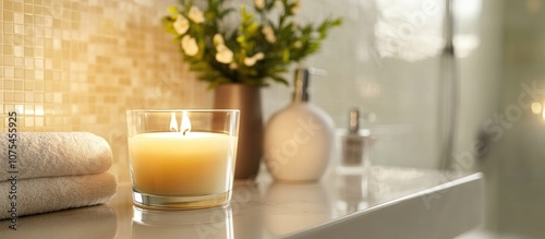 Close up of a candle flickering on a reflective bathroom shelf enhancing relaxation and beauty in daily rituals