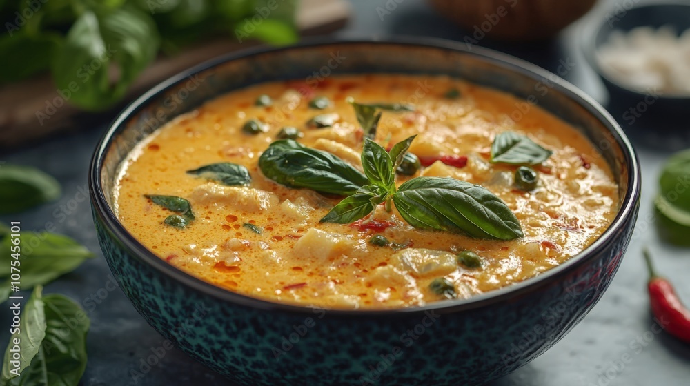Delicious bowl of aromatic Thai curry with fresh herbs and vibrant ingredients Delicious bowl of aromatic Thai curry with fresh herbs and vibrant ingredients