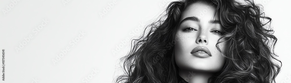 Fototapeta premium woman with curly hair posing in front of a solid background, with copy space on the side isolate white background