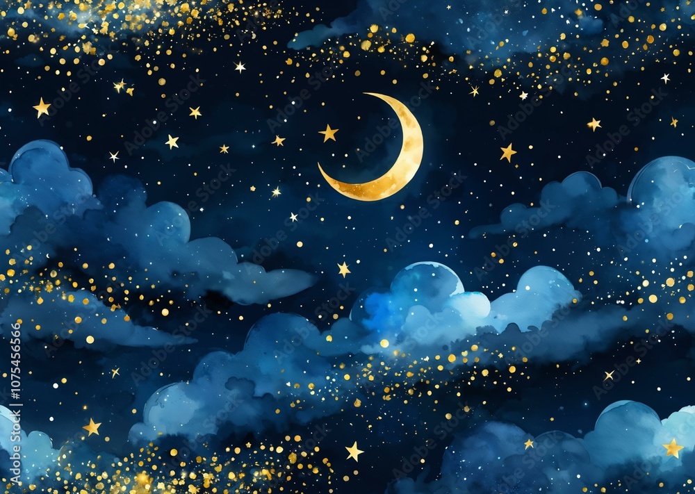 Naklejka premium Whimsical Night Sky with Glowing Stars and Moon