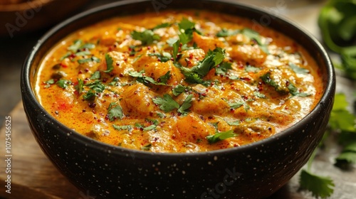 Delicious creamy curry dish served in a black bowl with fresh herbs and spices