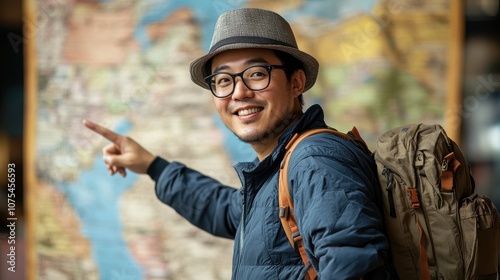 Enthusiastic Asian Tour Guide with Backpack Pointing at a Destination on a Map, Capturing the Spirit of Adventure and Discovery in Travel