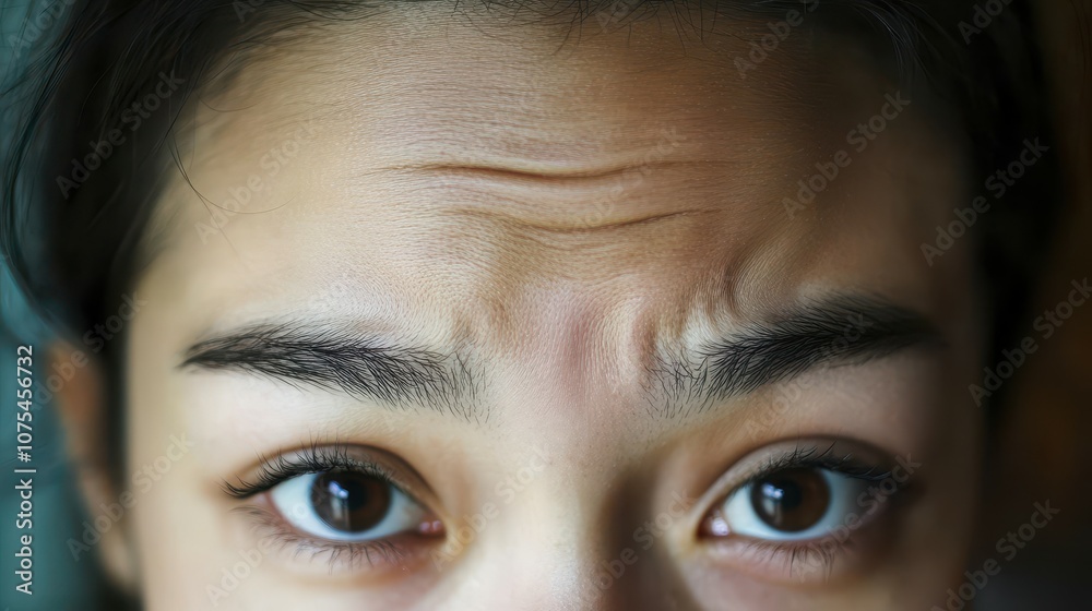 Close-up of a person's forehead with visible creases, highlighting signs of anxiety and stress in a reflective moment captured in a subtle and candid manner. Close-up of a person's forehead with visible creases, highlighting signs of anxiety and stress in a reflective moment captured in a subtle and candid manner.