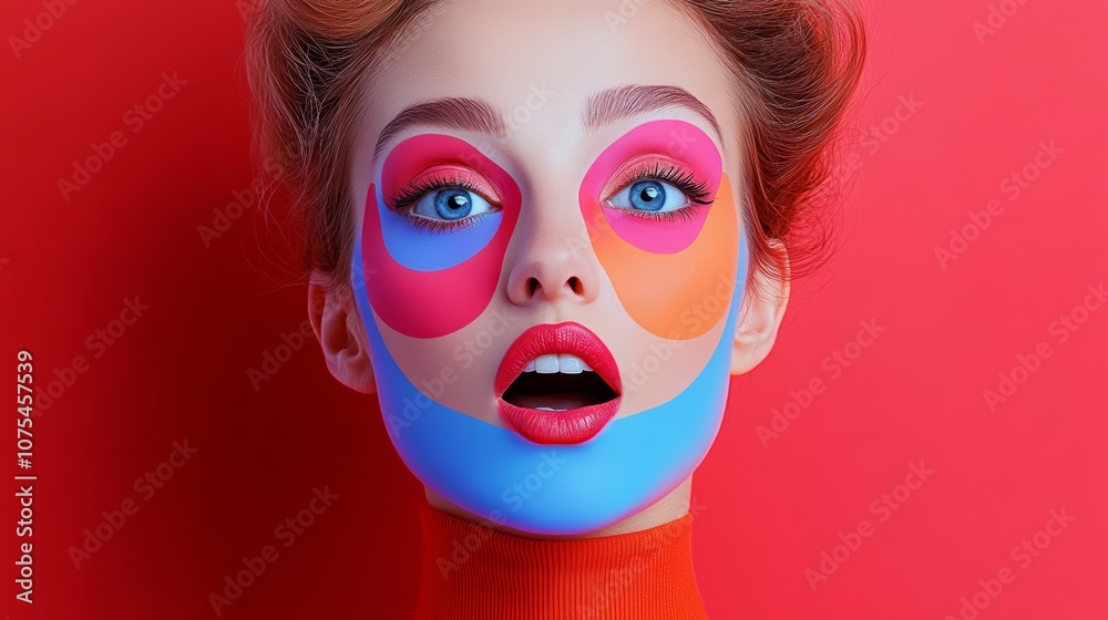 Woman with a colorful face paint and a red background. Woman with a colorful face paint and a red background.