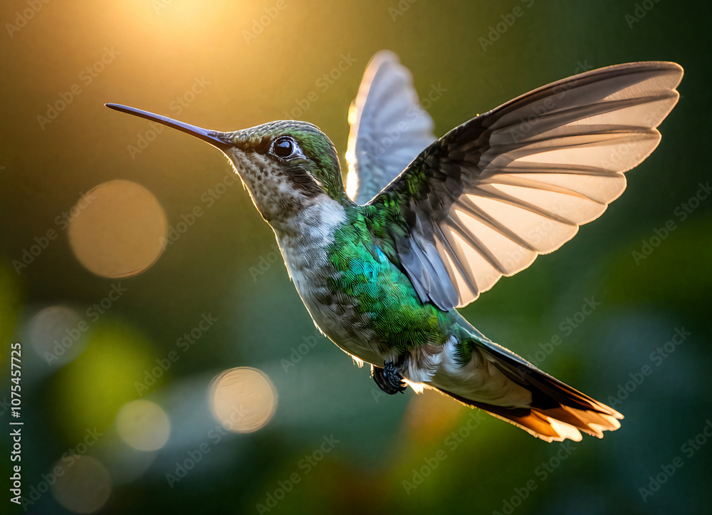 Fototapeta premium Create an intricate cinematic photograph of a swift hummingbird in a nostalgic setting under a glowing sunset, capturing authentic emotions and details with Panasonic Lumix GH5.
