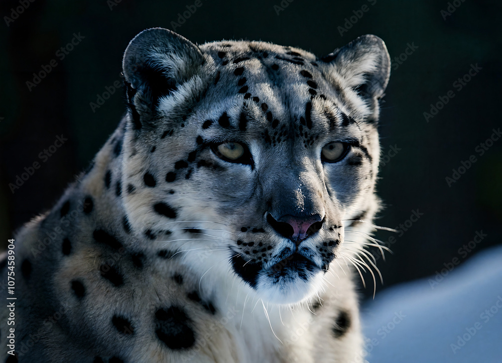 Obraz premium Elusive Snow Leopard in Cinematic Starlit Night with Moody Lighting and Contemplative Stance