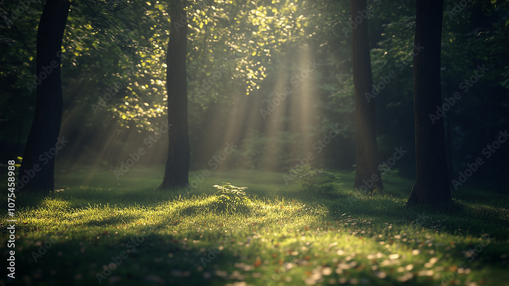 Obraz premium Tranquil forest scene with sunlight filtering through tall trees, casting beautiful rays and soft shadows on the lush green forest floor