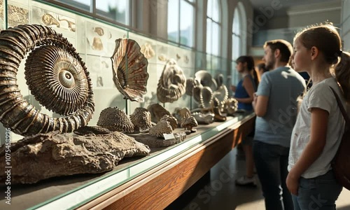 Fossils displayed in a museum exhibit, showcasing ancient marine life and geological history.