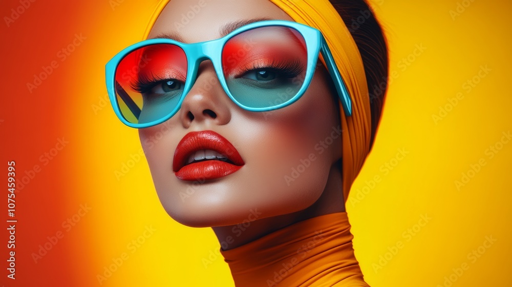 Woman with blue sunglasses and red lipstick is standing in front of a yellow background. Concept of confidence and boldness, as the woman is wearing bright colors and a bold makeup look Woman with blue sunglasses and red lipstick is standing in front of a yellow background. Concept of confidence and boldness, as the woman is wearing bright colors and a bold makeup look