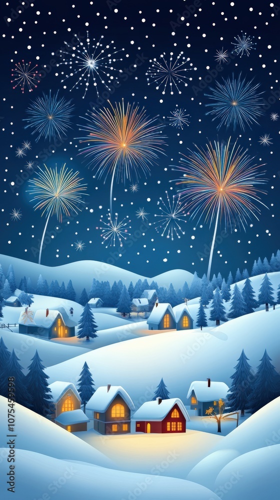 Naklejka premium Vibrant fireworks illuminate the night sky above a snow-covered town, creating a festive atmosphere