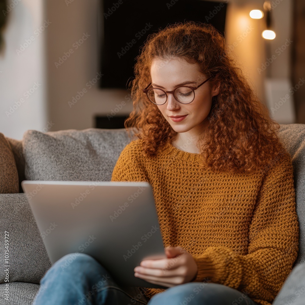 Fototapeta premium a woman with glasses and a yellow sweater is sitting on a couch and using a laptop