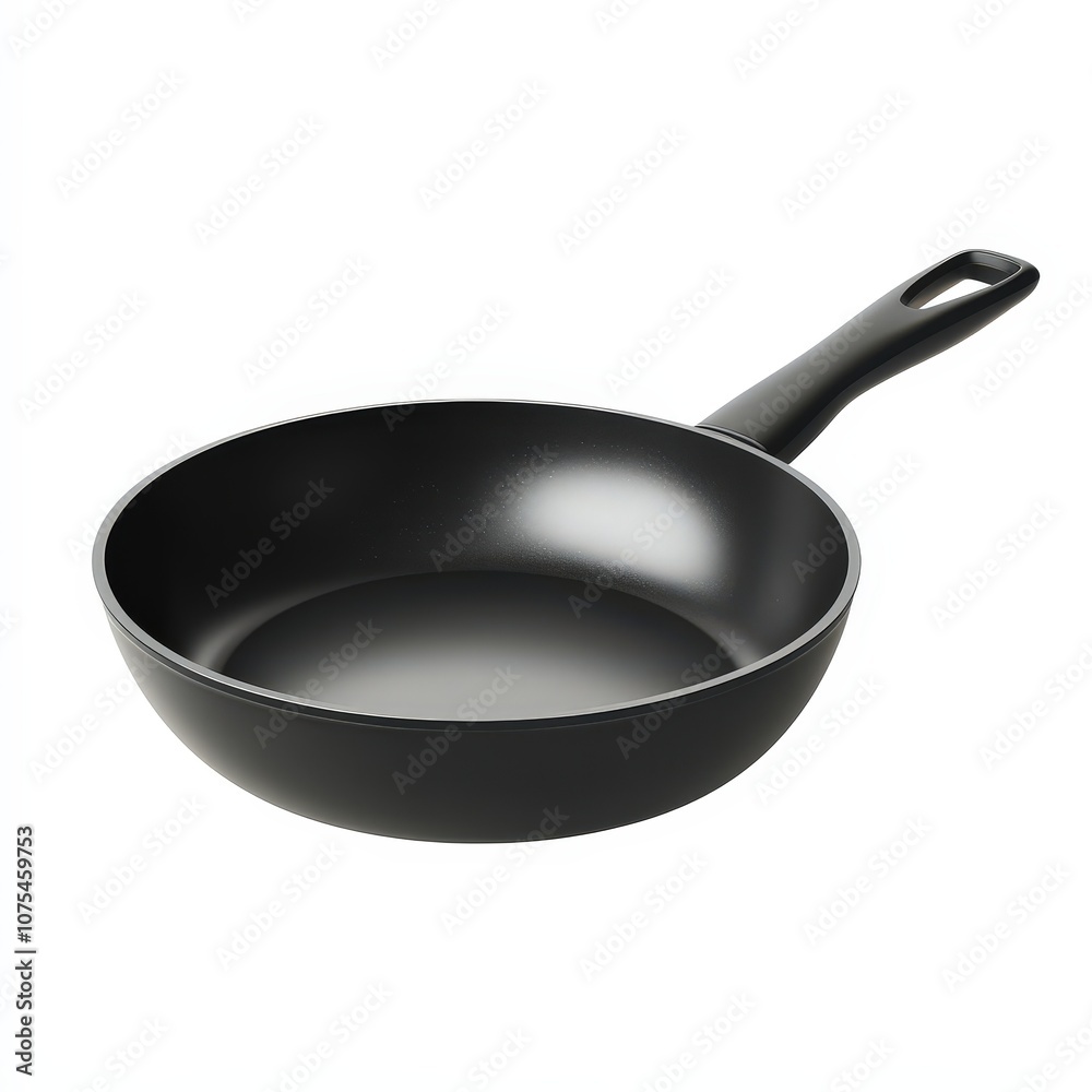 black non-stick frying pan with a smooth, shiny surface and a long handle on a white background. Its sleek design and practicality are highlighted, making it an essential kitchen tool. black non-stick frying pan with a smooth, shiny surface and a long handle on a white background. Its sleek design and practicality are highlighted, making it an essential kitchen tool.
