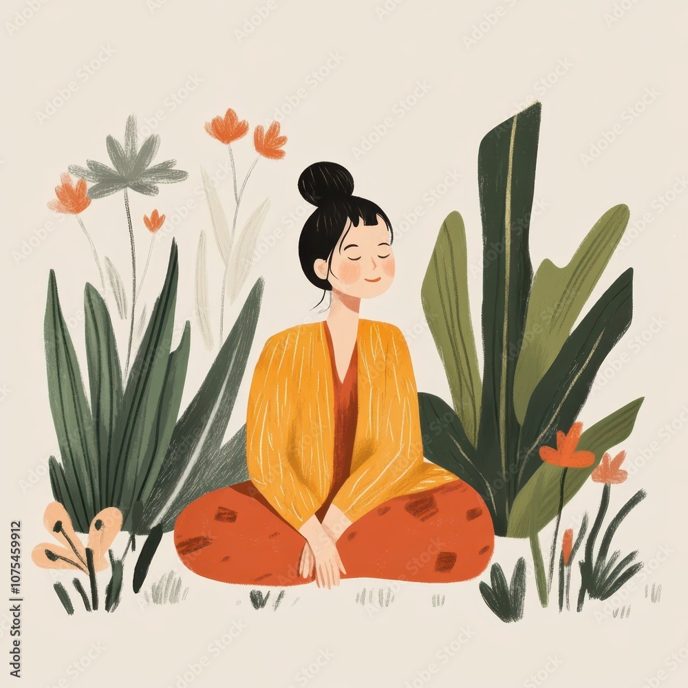 a woman sitting in the middle of a field of plants a woman sitting in the middle of a field of plants