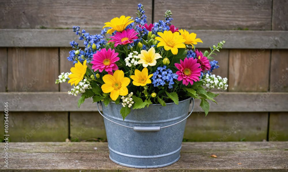 Fototapeta premium A colorful bouquet of flowers sits in a metal bucket on a wooden bench