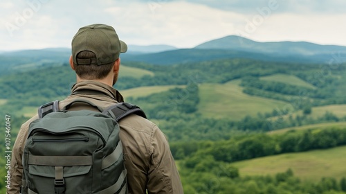 A traveler gazes at a breathtaking landscape of rolling hills and distant mountains, embodying the spirit of exploration and adventure.
