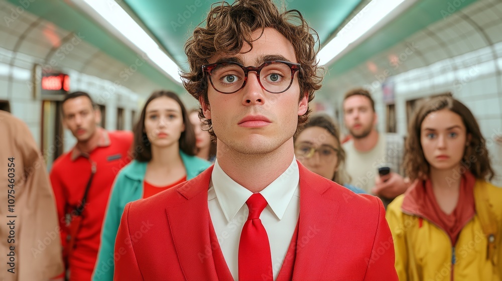 Man in a red suit and tie stands in a subway station with a group of people. The man is wearing glasses and has a serious expression on his face. The scene is set in a crowded subway station