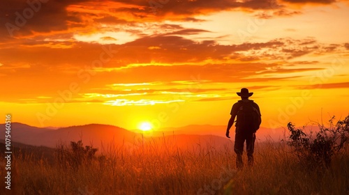 A silhouette of a person in a hat stands amidst tall grass, gazing at a vibrant sunset over rolling hills.