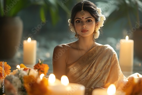 Indian Woman in Golden Sari with Candlelight and Flowers15 photo