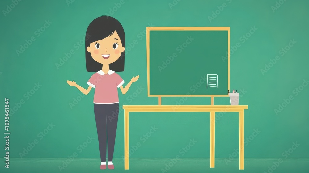 Asian teacher explaining a lesson in front of a chalkboard, engaging with students through a joyful and interactive classroom experience. Asian teacher explaining a lesson in front of a chalkboard, engaging with students through a joyful and interactive classroom experience.