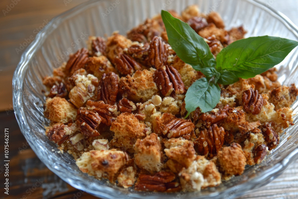 Close-up of a pecan and bread crumble topped with fresh basil, served in a glass bowl, perfect for a crunchy topping or snack. Close-up of a pecan and bread crumble topped with fresh basil, served in a glass bowl, perfect for a crunchy topping or snack.