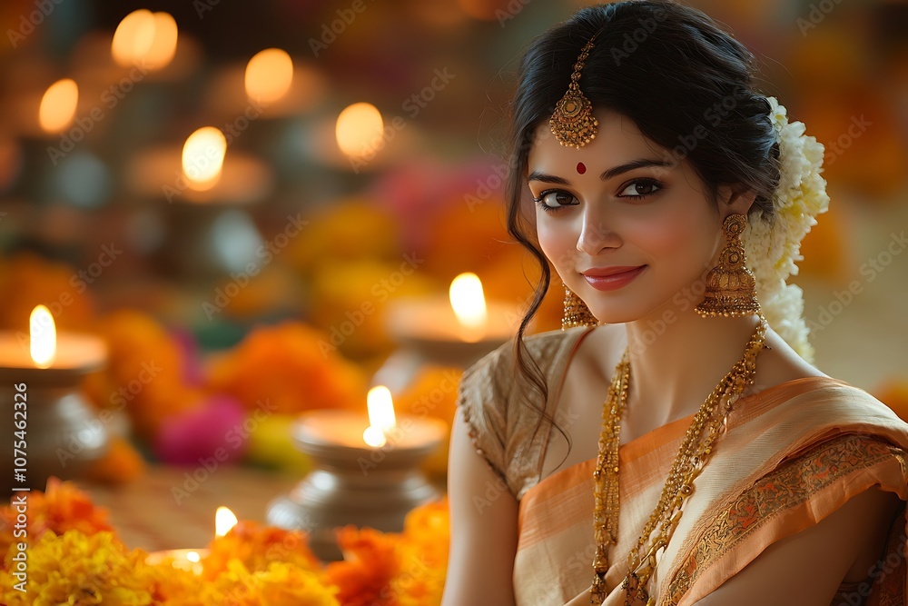 Indian Woman in Golden Sari with Festive Candles and Flowers.1 Indian Woman in Golden Sari with Festive Candles and Flowers.1