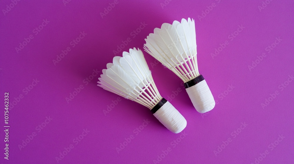 Bright White Badminton Shuttlecocks on Purple Background with Minimalist Layout for Text Space Bright White Badminton Shuttlecocks on Purple Background with Minimalist Layout for Text Space