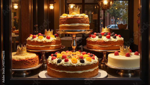 Wallpaper Mural Decorated cakes with fruits and crowns, celebratory mood, dessert display, inviting ambiance Torontodigital.ca