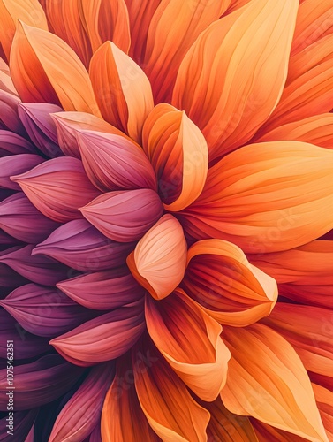 A close-up view of a vibrant orange and purple dahlia blossom.