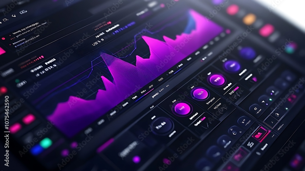Obraz premium Close-up of a computer screen displaying a data visualization with various graphs, charts, and numbers.
