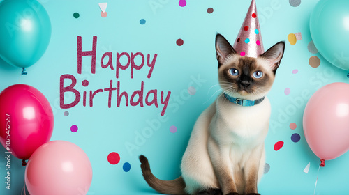 Siamese cat with Happy Birthday text against turquoise balloon backdrop