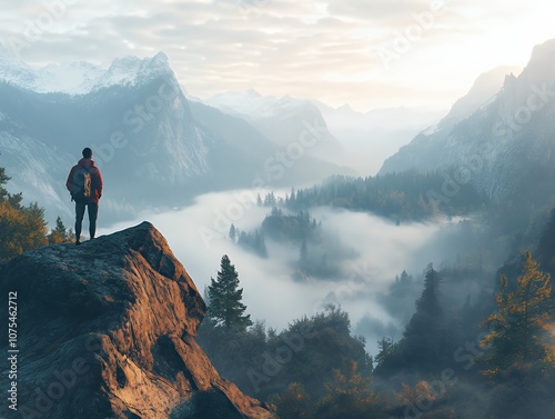 A lone hiker stands on a mountaintop, gazing out at a valley filled with fog and trees, at sunrise. photo