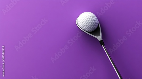 Minimalist 3D Golf Club and Ball on Bright Purple Background with Copy Space