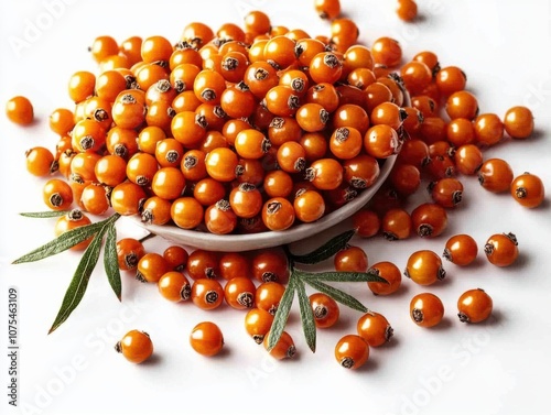  resh Sea Buckthorn Berries on White Background, Vibrant Orange Superfood Packed with Antioxidants, Nutrient-Rich Vegan Snack for Health and Wellness photo