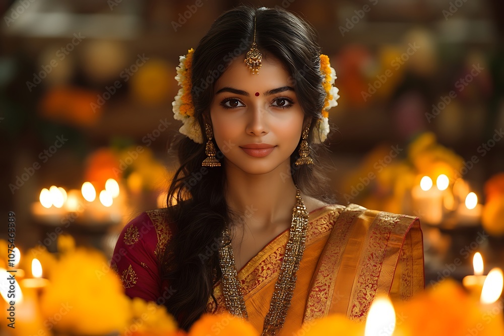 Indian Woman in Golden Sari with Soft Candlelight Glow3 Indian Woman in Golden Sari with Soft Candlelight Glow3