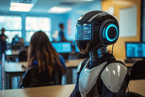 a futuristic robot teaching coding to students in a high-tech classroom.