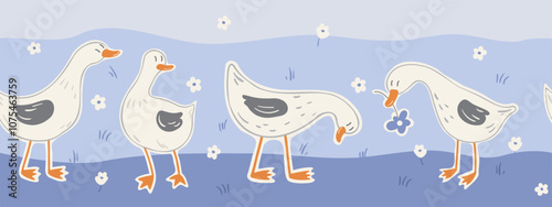 White geese on blue background seamless borders. Cute greeting cards, layouts, children's textile prints. Vector illustration