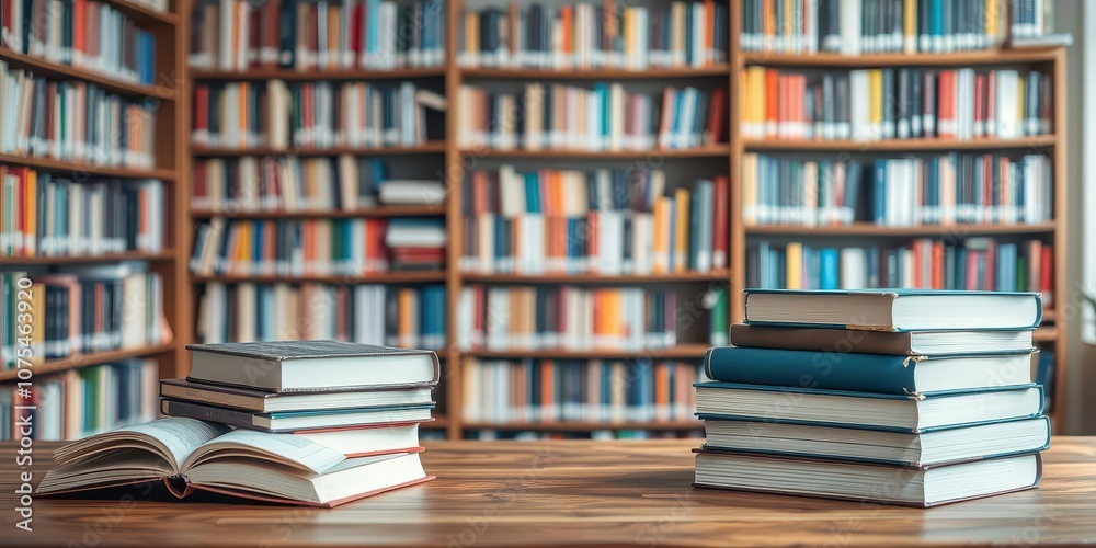 A neat stack of colorful books arranged on a wooden table in a quiet library setting, information, academic, fiction A neat stack of colorful books arranged on a wooden table in a quiet library setting, information, academic, fiction