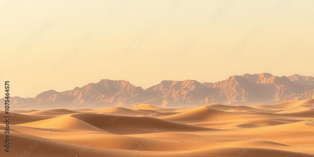 Fototapeta premium Barren western desert in Egypt at Farafra Oasis with rolling sand dunes, sparse vegetation, and distant mountains, wilderness, desolate