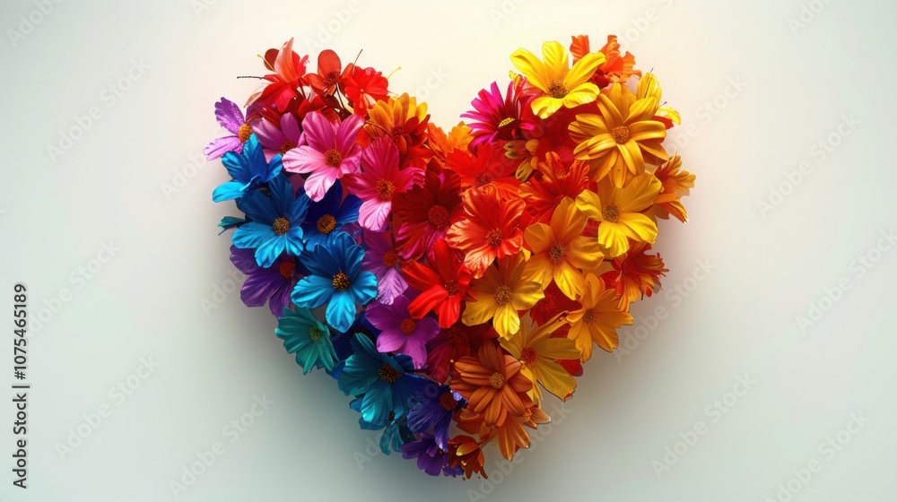 A heart shape created from colorful chrysanthemums arranged in a rainbow pattern, symbolizing love, beauty, and inclusivity.
A heart shape created from colorful chrysanthemums arranged in a rainbow pattern, symbolizing love, beauty, and inclusivity.